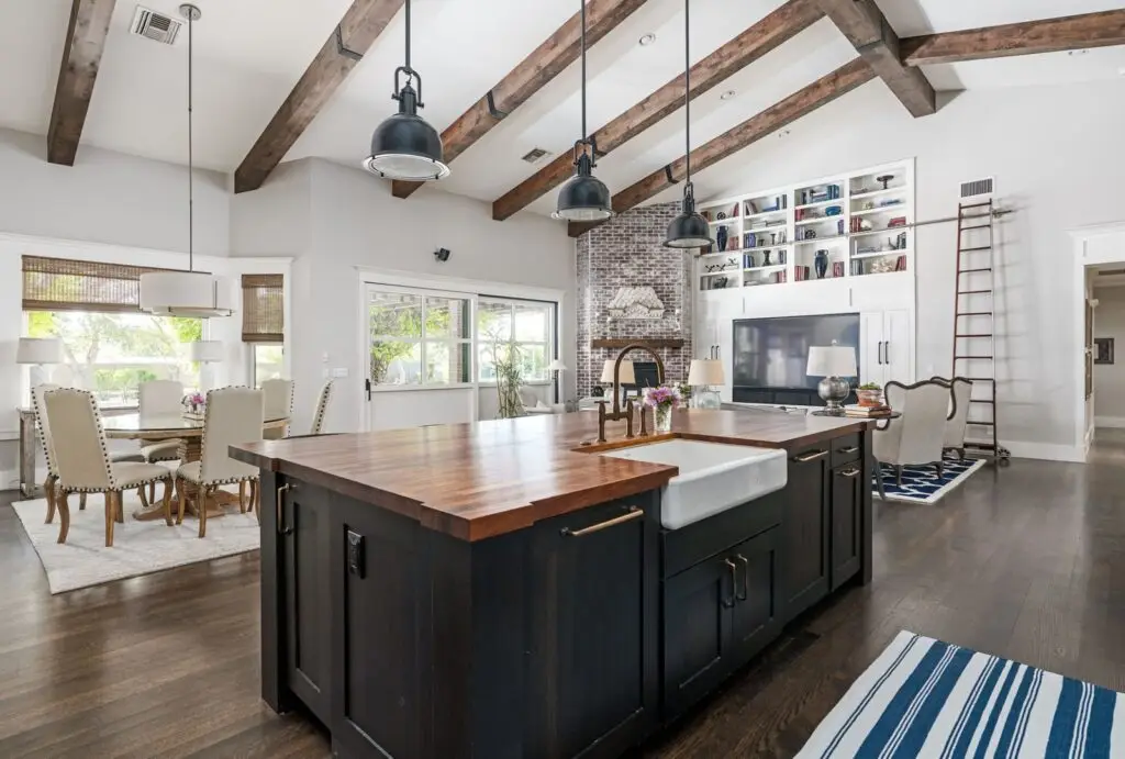 Bright open kitchen with a large island and pendant lights