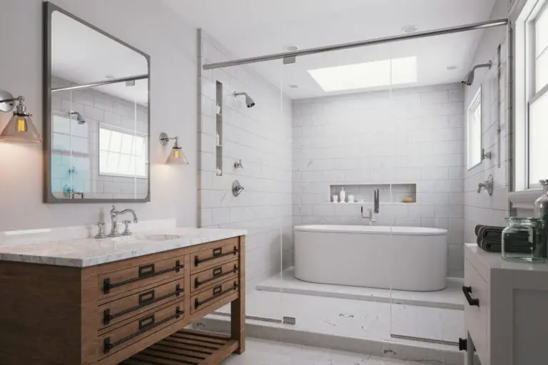 Bright renovated bathroom with a freestanding tub and a wood vanity