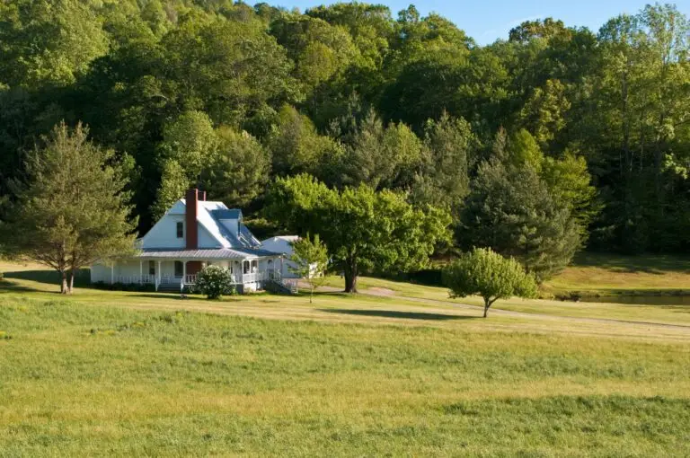 White farmhouse in a wide green meadow surrounded by leafy trees