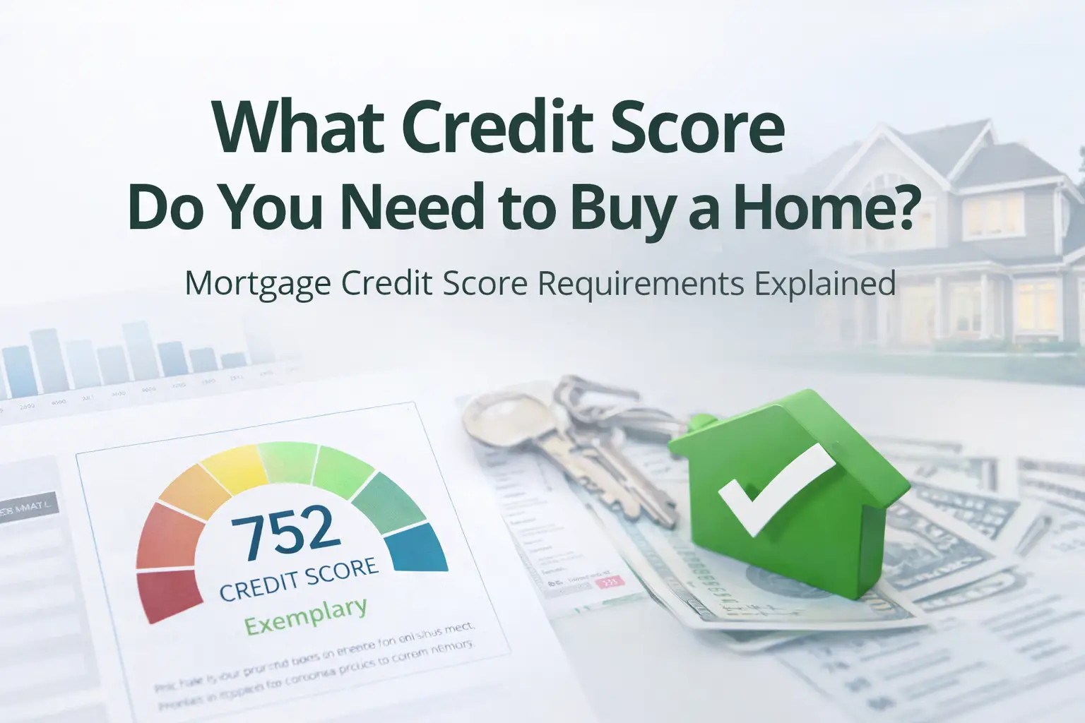 What credit score do you need to buy a home featured image with mortgage credit score graphic and home financing visuals
