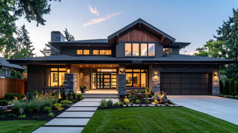 Large modern home with stone accents and a landscaped lawn at dusk