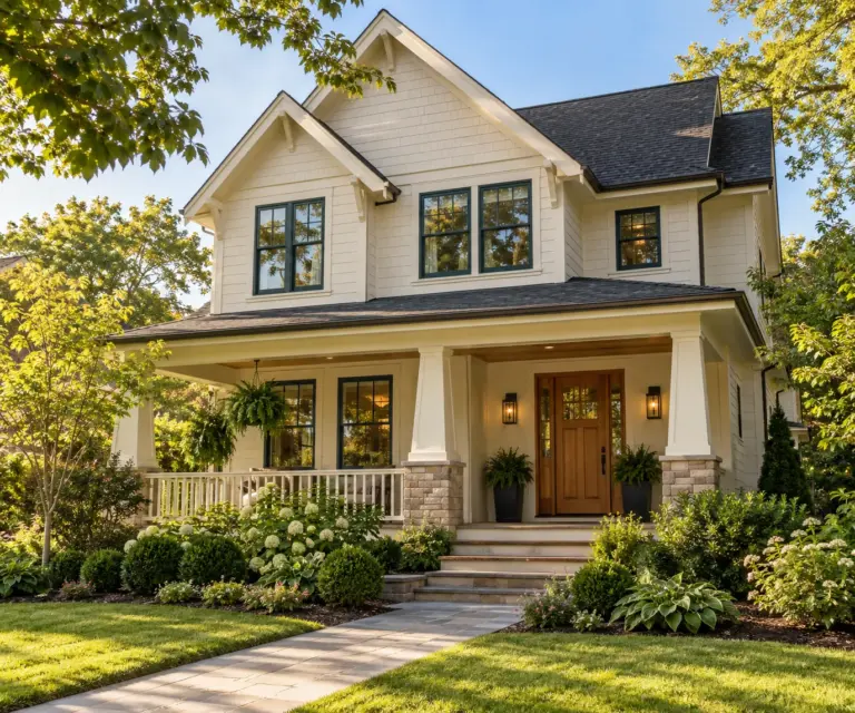 Cream craftsman style home with a welcoming front porch